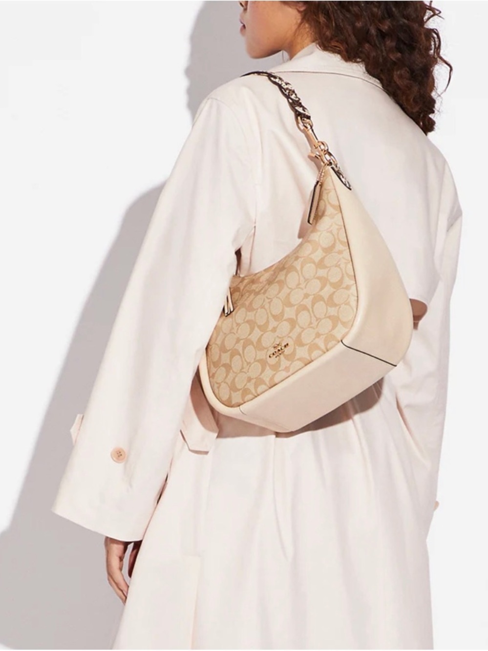 Coach Jules Hobo Signature Canvas Beige Leather Shoulder Bag Braid Strap